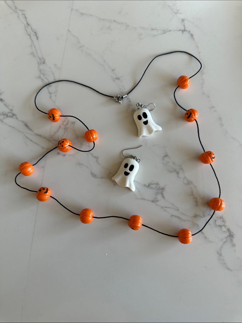 Kids Halloween Ghost Earrings and Pumpkin Bead Necklace Set - Orange and White